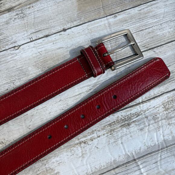 Fossil Leather Belt Sz Med Red 31” Metal Buckle Western Boho Earthy Classic - Picture 5 of 12